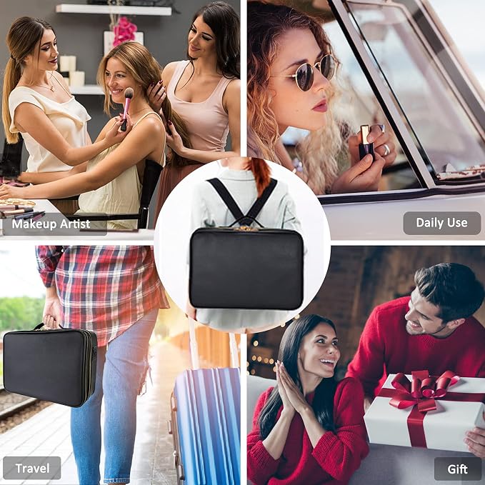 Travel Makeup Train Case,Large Capacity Cosmetic Bags for Women,Portable Makeup Bag Organizer with Adjustable Dividers & Shoulder Strap(Black, L) - Image 7