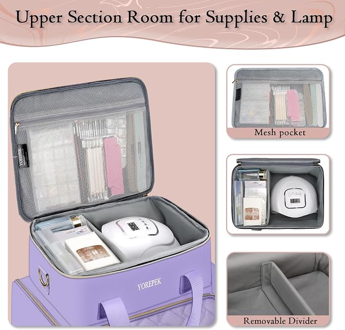 YOREPEK XL Nail Polish Organizer Holds 96 to 100+ Bottles, Lavender Purple | Gel x Nail kit Bag with 2 Removable Pouches Fits Nail Suppiles, UV lamp, Gifts for Manicurist, Women - Image 7