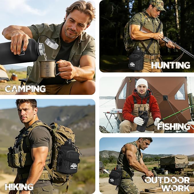 NATURE PIONEOR 64 oz Tactical Water Bottle with MOLLE Bottle Pouch & 3 Lids | 18/8 Food-grade Stainless Steel, Double Vacuum Insulation, 3 Leak-proof Lids, Handle, Strap, Camping, Hiking, Gym, Work - Image 9