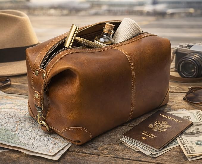 RUSTIC TOWN Full Grain Leather Toiletry Bag for Men & Women – Handcrafted Travel Dopp Kit – Large Water-Resistant Makeup & Shaving Organizer - Image 7