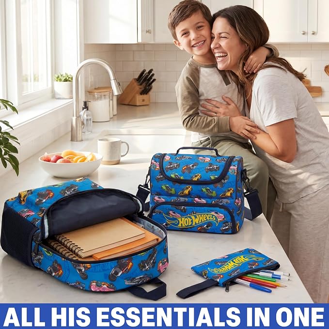 Get Trend Hot Wheels Boys Backpack, Lunch Bag & Pencil Case, 3 Piece Set | 18 inch Bookbag, Adjustable Padded Straps, Insulated Lunch Bag, Zipped Pencil Pouch, School Supplies, Gamer Gifts for Boys - Image 6