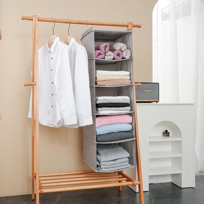 Large Hanging Sweater Organizer for Closet,Collapsible 6-Shelf Hanging Closet Shelves with Drawers, Washable (Grey-5 Shelf) - Image 7