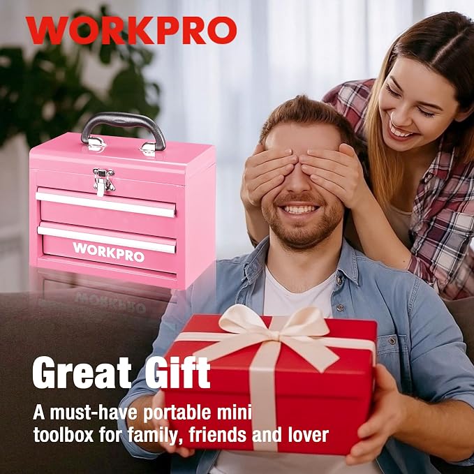 WORKPRO Portable Mini Metal Tool Box with 2 Drawers | Metal Tool Chest, Ball Bearing Slides, Top Storage, Latch Handle, PVC Drawer Liners, PP Feet Pads - Image 9