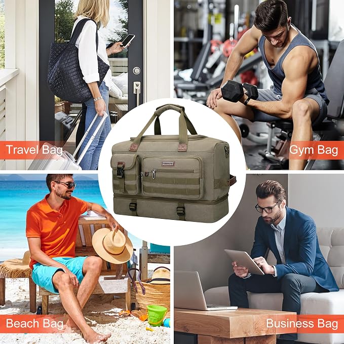 WITZMAN Duffle Bag for Men 50L Travel Canvas Weekender with Toiletry Bag | With Shoe Compartment and Dry-wet Pocket, Convertible, Carry On, One Duffel for Gym, Sports, Overnight, A8010/2 Army Green - Image 9