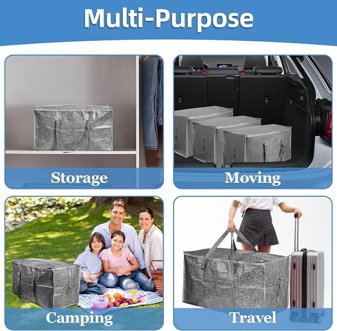 12 Pack-Extra Large Heavy Duty Moving Bags - Waterproof Storage Totes with Handles & Zippers, Foldable for College Dorm, Storage (Gray) - Image 7
