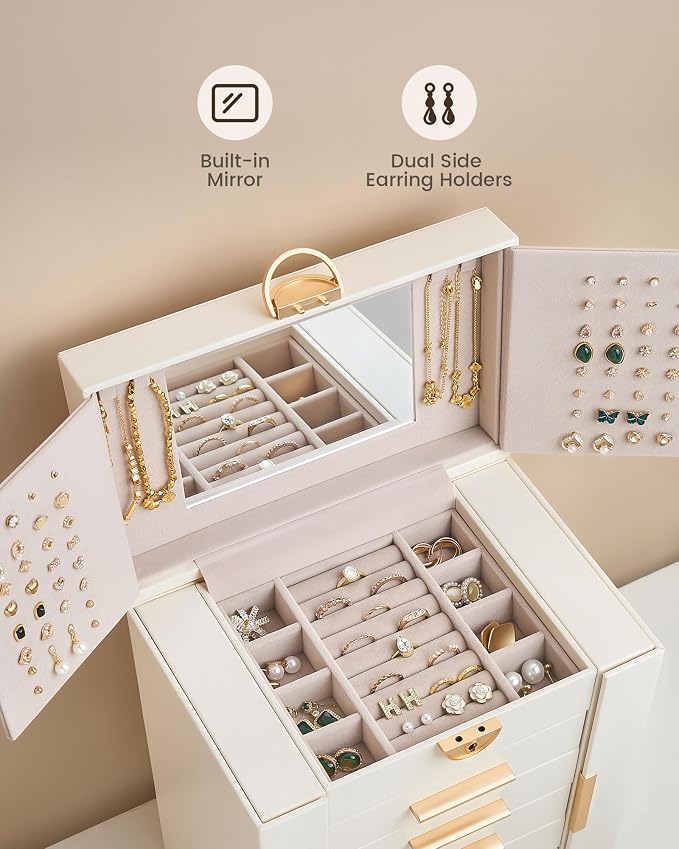 Lolalet Large Jewelry Box Organizer for Women, 6-Layer Jewelry Organizers and Storage Case with Mirror & 5 Drawers, Lockable Watch Ring Earring Bracelet Necklace Holder Girls Gift -6Layer, Beige - Image 9