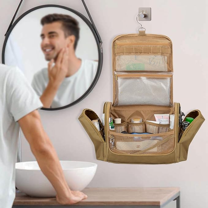 Tactical Toiletry Travel Bag for Men, Hanging Dopp Kit Hygiene Bag Shower Organizer with Hook for Toiletries and Shaving Care, Khaki (Empty Bag) - Image 8