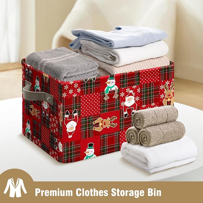 Christmas Red Grid Elk Snowman Basket,Christmas Storage Foldable Fabric Storage Baskets with Handles Canvas Storage Bin 14 x 10 x 8 - Image 9