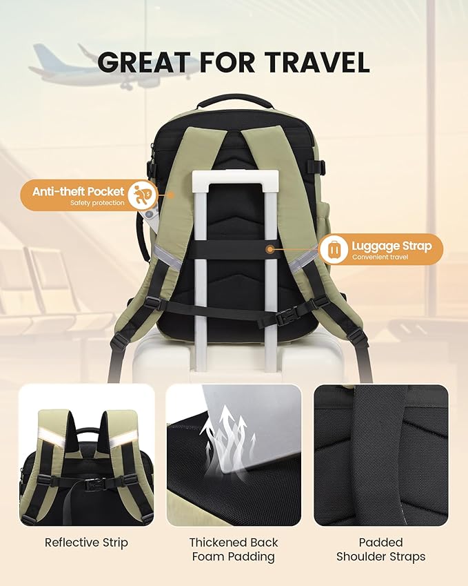 LOVEVOOK 40L Travel Backpack for Men Women, Waterproof Carry On Backpack for Work & Travel, Flight Approved Personal Item with 3 Packing Cubes, TSA Bag Fits 17.3" Laptop,Greyish green - Image 6