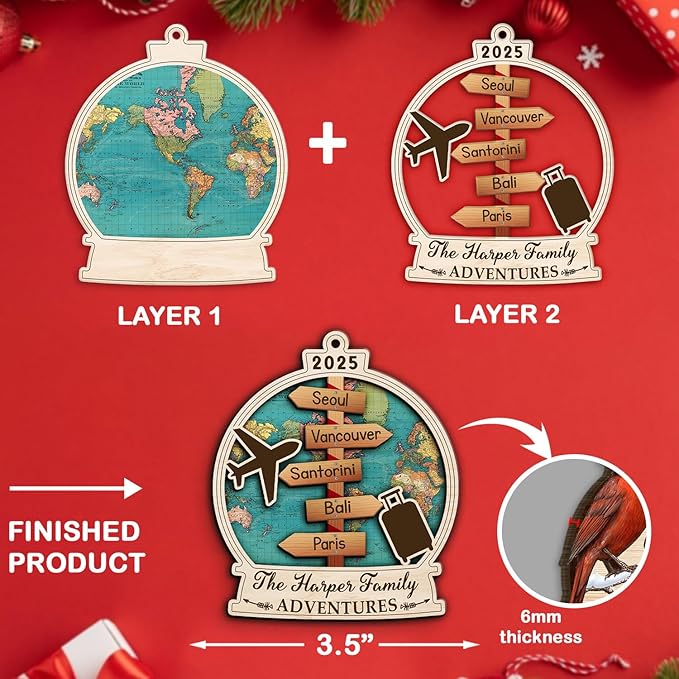 Custom Travel Adventure Ornament, Personalized Travel Adventures Ornament 2025, 2-Layered World Traveler Ornaments, Traveling Destination Christmas Ornaments, Family Travel Gift