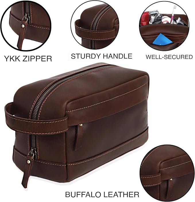 Leather Farm Premium Buffalo Leather Toiletry Bag for Men & Women - Dopp Kit With Water Resistant Lining, Shaving Pouch, Unisex Wash Bag For Toiletries, Gifts For Men and Women - Dark Brown - Image 9