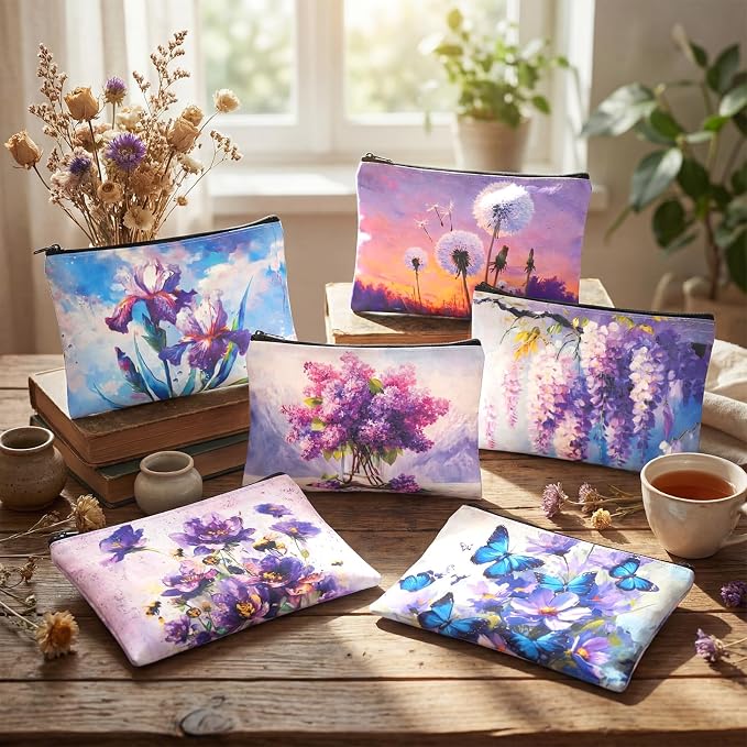 Sweetude 12 Pcs Purple Flowers Makeup Bags Bulk Purple Portable Travel Cosmetic Bag with Zipper Oil Painting Floral Waterproof Roomy Travel Toiletry Organizer Storage Beauty Pouch for Women Gifts - Image 6