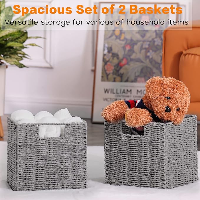Vagusicc Wicker Storage Basket, Set of 2 Hand-Woven Storage Baskets for Shelves with Handles, Foldable Cube Storage Baskets Bins Organizer 13 inch Large Wicker Baskets for Pantry Bedroom Decor, Grey - Image 7
