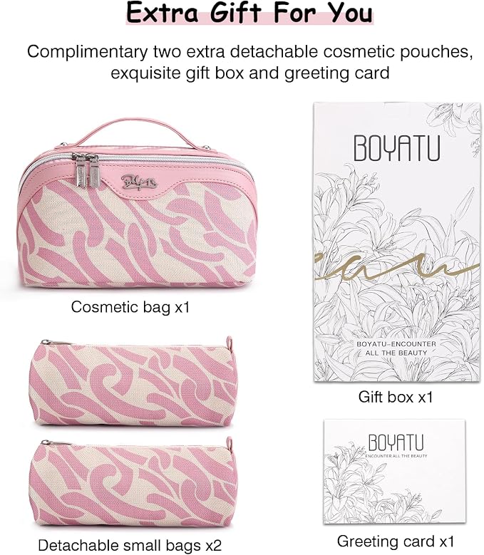 BOYATU Travel Makeup Bag for Women: Large Capacity 3-Piece Cosmetic & Toiletry Organizer - Expands Storage by 50% with 2 Detachable Pouches,Opens Flat for Easy Packing,Waterproof PU Leather(Pink) - Image 8