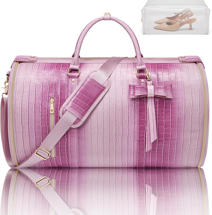 Convertible Garment Duffle Bag for Women, Foldable 2-in-1 Carry On Travel Bag with Shoe Compartment & Toiletry Pocket, PU Leather Stylish Garment Bags for Business Trip, Vacation, Pink-White - Image 9