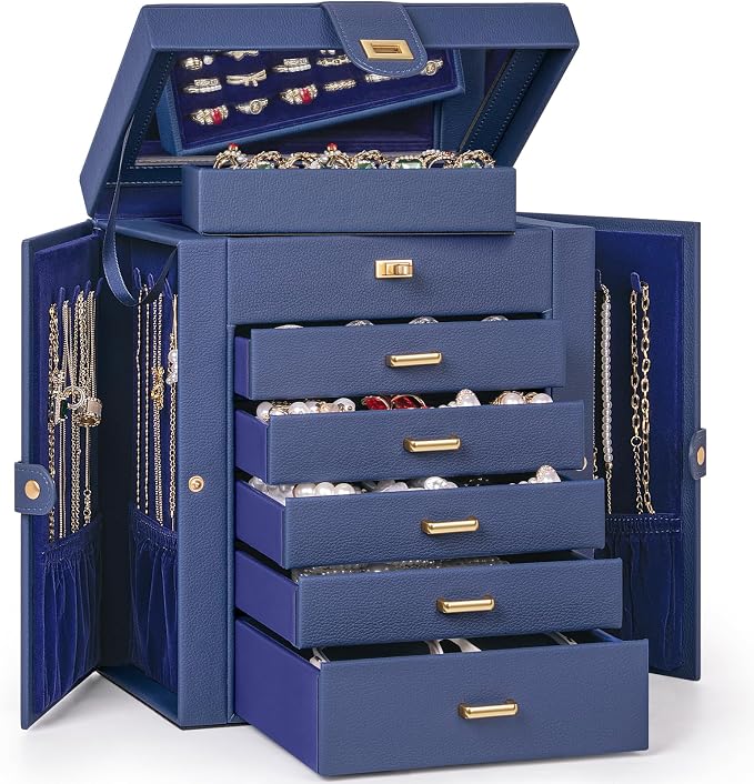 AKOZLIN 6-Tier Jewelry Box Organizer Functional 5 Drawers Leather Jewelry Storage Case for Women Girls Ring Necklace Earring Bracelet Holder Organizer with Mirror Medium Blue - Image 8