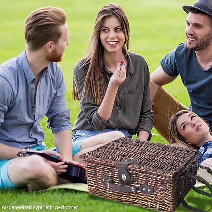 Picnic Basket Set for 4 with Waterproof Blanket Mat Insulation Bag Wicker Navy Blue Vintage Classic Gift for Christmas Thanksgiving Wedding Birthday Camp Outdoor Beach Travel - Image 9