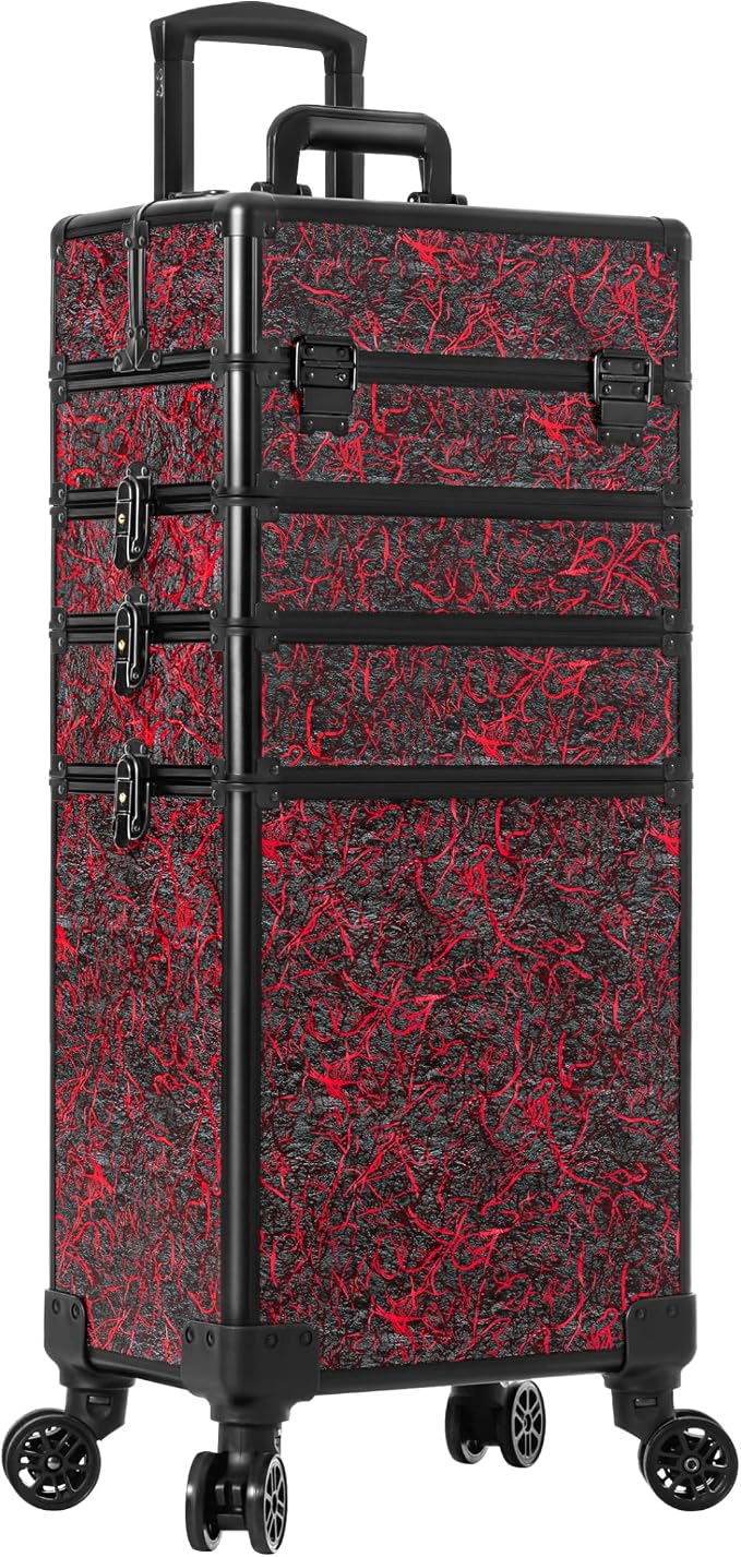 Rolling Makeup Train Case with Lid Cosmetology Case on Wheels | 5 in 1 Large Cosmetic Trolley Organizer Travel for Hairstylist Artist Nail Beauty Salon Barber Cart Trunk, Red - Image 9