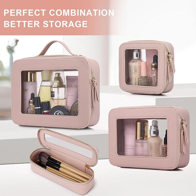 Pinkmik Travel Clear Makeup Bag with Brush Case TSA Approved Toiletry Bag Waterproof Cosmetic Organizer with Zipper Car Essential for Women (Pink, M+SLIM) - Image 7