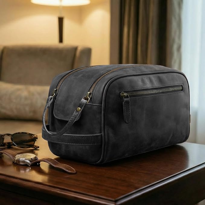 Rasavi Genuine Leather Travel Toiletry Bag, Handcrafted Vintage Water-Resistance Dopp Kit, Large Shaving & Bathroom Organizer - Gift for Men & Women - Black - Image 8