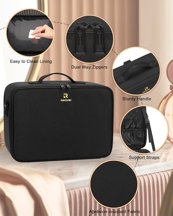 Relavel Large Makeup Case Professional Cosmetic Storage Organizer Box Brush Holder with 3 Clear Set Bags and Adjustable Dividers for Makeup Artists with Shoulder Strap - Image 8