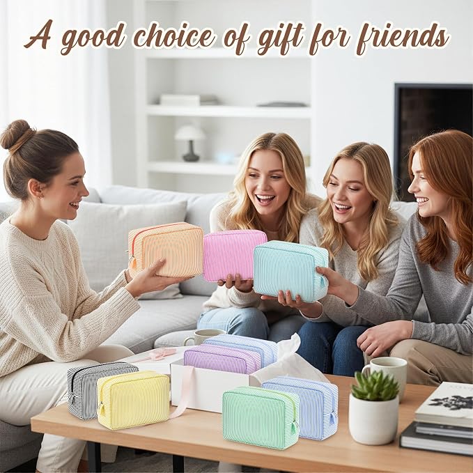 Sanwuta 9 Seersucker Cosmetic Bag Bulk Striped Makeup Bag for Women Aesthetic Cute Travel Toiletry Organizer Preppy Storage Pouch for Wedding Bridesmaid Mother's Day Teacher Gift (Large,Candy Color) - Image 7