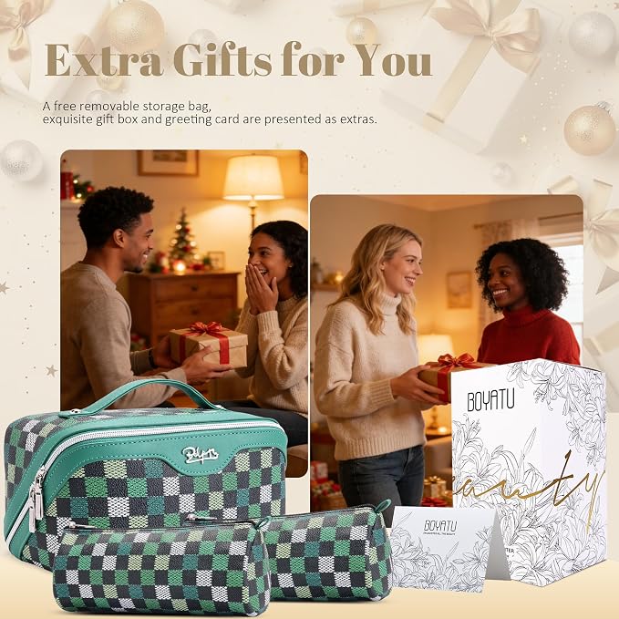 BOYATU Travel Makeup Bag Organizer Cosmetic Bag: 3 Pcs Set Make up Bags for Women with Handle - Waterproof Vegan Leather Toiletry Bag (01-H-Green) - Image 4