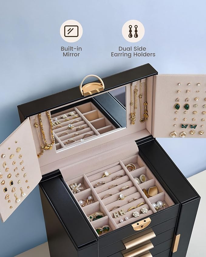 Lolalet Large Jewelry Box Organizer for Women, 6-Layer Jewelry Organizers and Storage Case with Mirror & 5 Drawers, Lockable Watch Ring Earring Bracelet Necklace Holder Girls Gift -6Layer, Black - Image 9