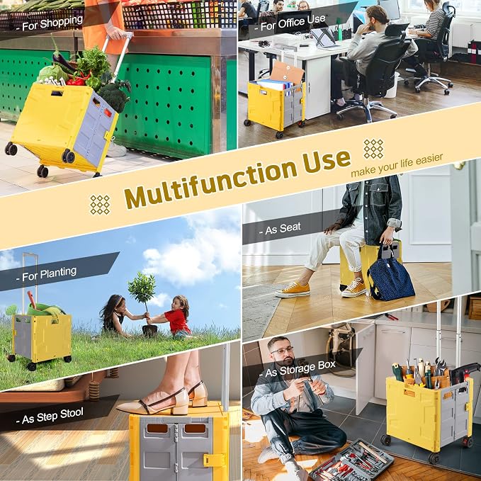 FELICON Folding Utility Cart Rolling Crate Handcart Basket Tote-Yellow+Gray | Collapsible Hidden Lid,Plastic Box,Telescoping Handle,4 Rotate Wheels for Travel Shop Move Grocery Laundry Office Teacher Use - Image 7