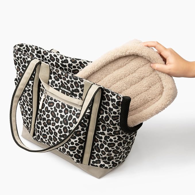 Cleverpup Transit Tote Dog Carrier for Small/Medium Dogs 8-20 lbs, 19x12x9 Soft-Sided 4-Pc Set with Waterproof Base, Plush Insert, Food Pouch, Mesh Head Opening - Medium, Leopard - Image 9