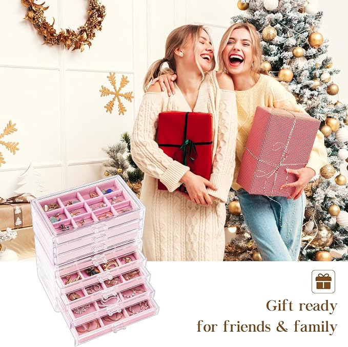 ProCase Earring Holder Organizer Jewelry Box with 8 Drawers, Acrylic Clear Earring Case with Adjustable Velvet Trays for Women - Pink, 8 Layers - Image 7