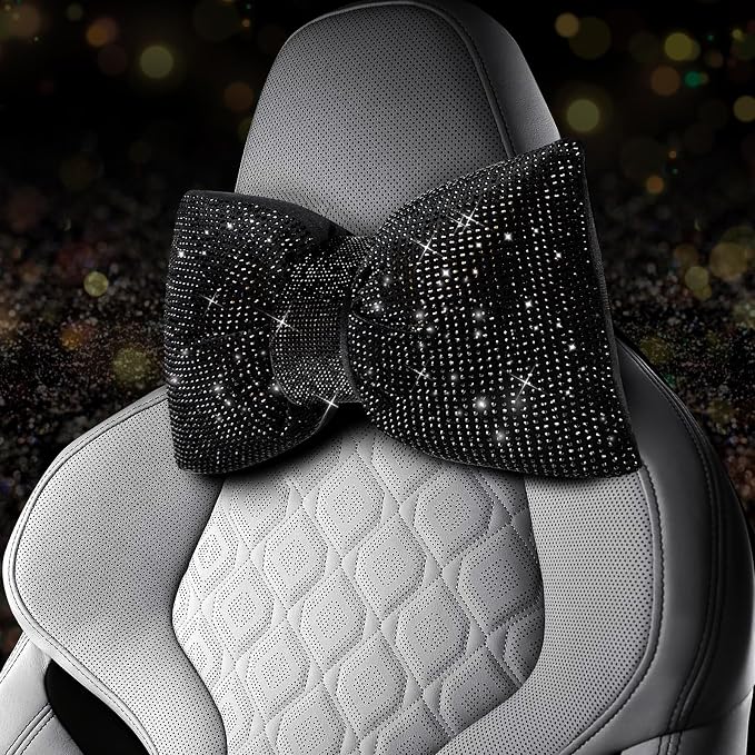 2 PCS Bling Car Pillows,Rhinestones Bowknot Car Headrest Pillow,Black | Car Neck Pillow for Driver Relax Neck Support,Sleeping Travel Support Neck Pillow,Diamond Interior Accessories for Women - Image 6