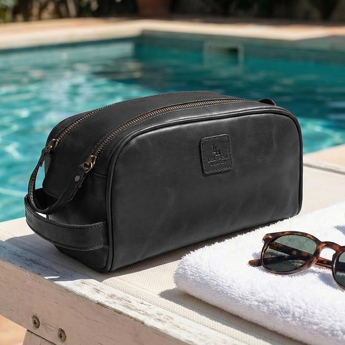 Full Grain Leather Toiletry Bag for Men & Women – Water-Resistant Travel Shaving Kit Organizer with YKK Zipper, Spacious Bathroom Grooming & Cosmetic Storage Case - Black - Image 9
