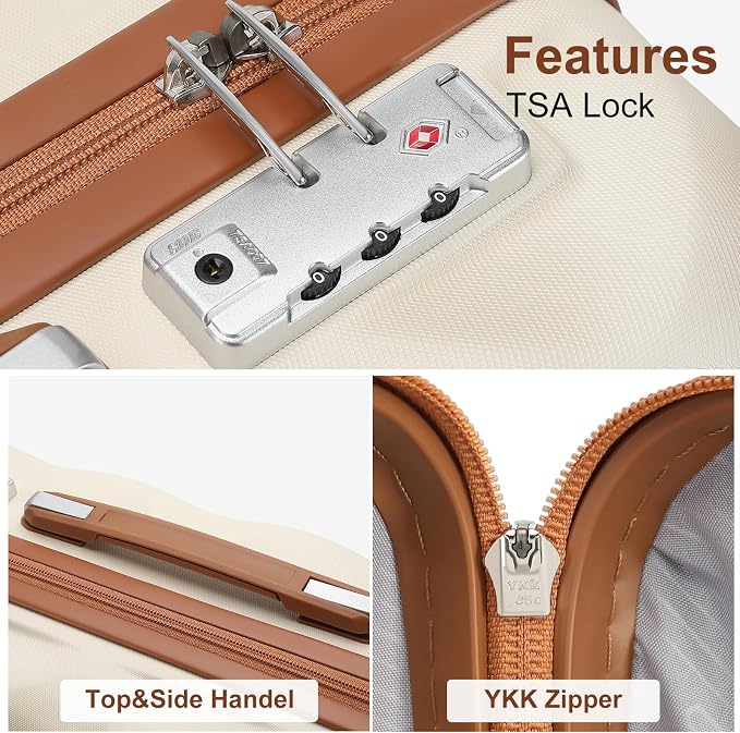 Somago Luggage Sets Suitcase with TSA Lock YKK Zipper Spinner Wheels ABS Hardside Luggage Weekender Bags Travel Set (Beige, 3 Piece Set (20/DB/TB)) - Image 7