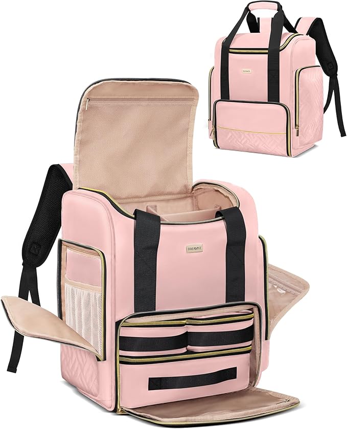BAFAMYE Large Travel Makeup Bag with 2 Removable Case, Dual-Shoulder Multi-Functional Cosmetic Bag,Double Layer Big Capacity, Portable Toiletry and Skincare Storage Pouch Pink by BAFAMYE