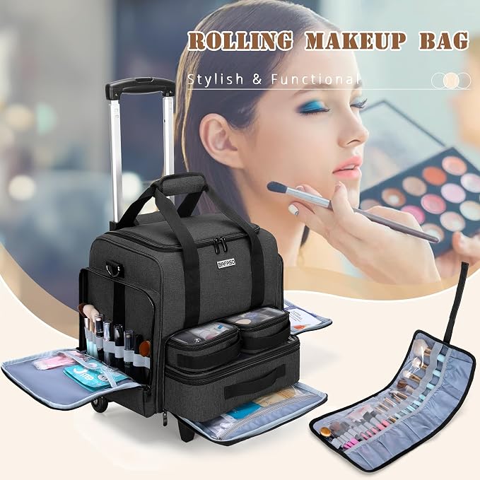 BAFASO Rolling Makeup Case with 3 Removable Pouches and 1 Makeup Brush Bag, Professional Makeup Train Case Cosmetic Bag with Detachable Dolly (Patented), Black | with1 Makeup Brush Bag, Professional Makeup Train Case Cosmetic Bag with Detachable Dolly,... - Image 7