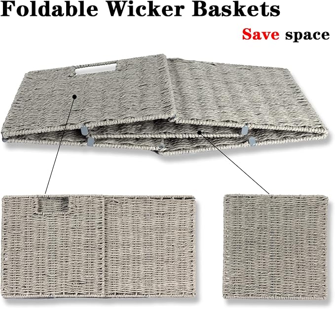 Vagusicc Wicker Basket, Set of 2 Hand-Woven Wicker Storage Basket, Foldable 11 inch Cube Storage Bins, Storage Baskets for Organizing Shelves, Closet Organizers and Storage Bins, Gray (11″×11″×11″) - Image 7