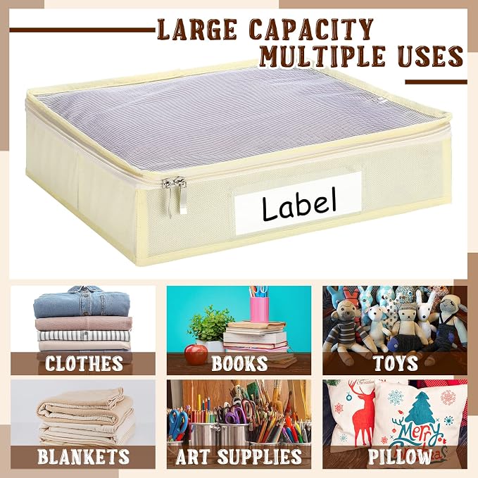 Panelee 6 Pcs 14 x 12 x 3 Inch Sweater Storage Bags Easy Gliding Zippered Sweater Package Organizer Closets Under The Bed Zippered Storage Bags with Label Pocket to Avoid Dust Dirt(Beige) - Image 7