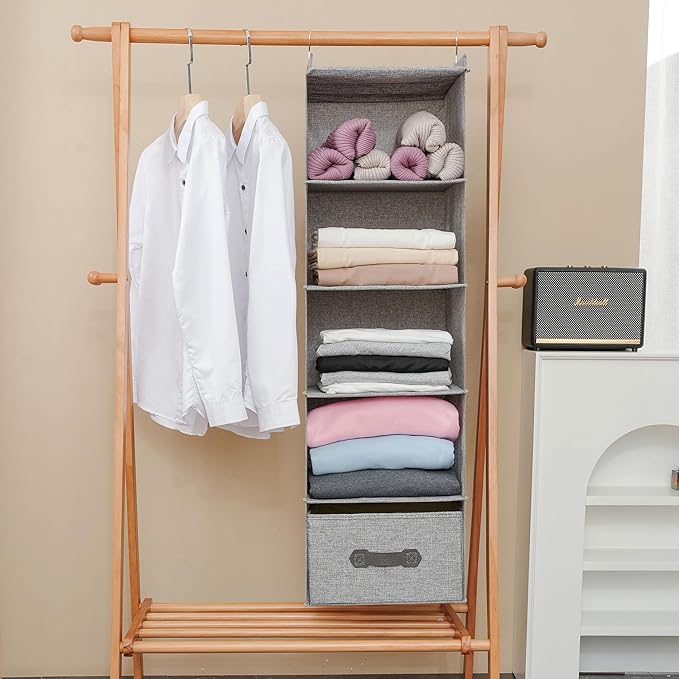 Large Hanging Sweater Organizer for Closet,Collapsible 6-Shelf Hanging Closet Shelves with Drawers, Washable (Grey-5 Shelf-1 d) - Image 7