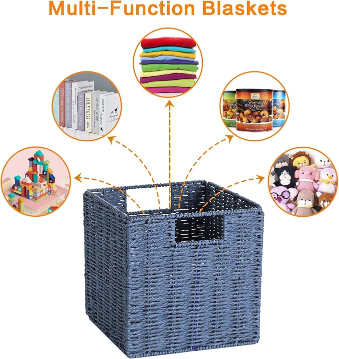 Vagusicc Wicker Basket, Set of 2 Hand-Woven Paper Rope Storage Baskets for Organizing, Foldable Cubby Storage Bins, 9 Inch Small Wicker Storage Basket, Square Baskets Cube Storage Organizer Bins, Blue - Image 7