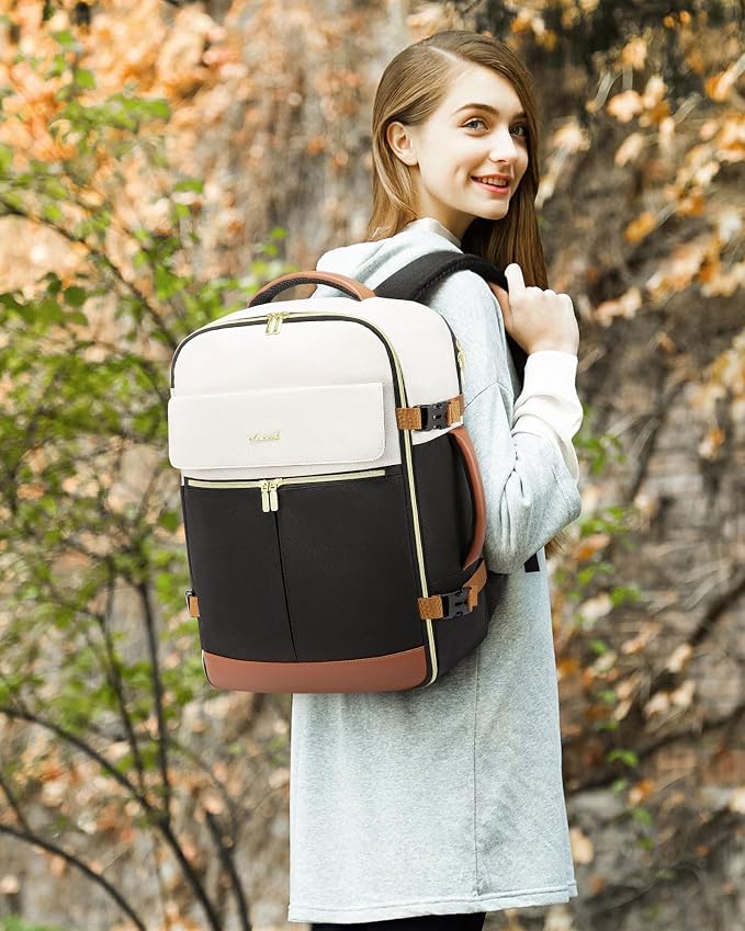 LOVEVOOK Travel Backpack for Women, TSA Carry On Backpack Flight Approved Luggage, 50L Water Resistant Personal Item Daypack Large Weekender Bag fit 18 inch Laptop with 3 Cubes, Beige-black-brown - Image 8