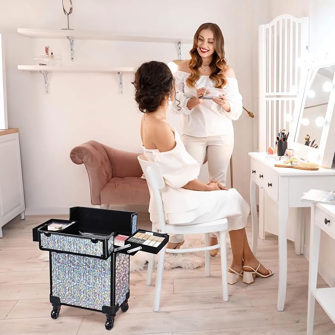 BYOOTIQUE Rolling Makeup Case Cosmetology case on wheels Makeup Artist Nail | Aluminum Rolling Makeup Suitcase with 360° Detachable Wheel Lockable 44Lb Large Capacity Organizer Nail Tech Mermaid Silver - Image 9