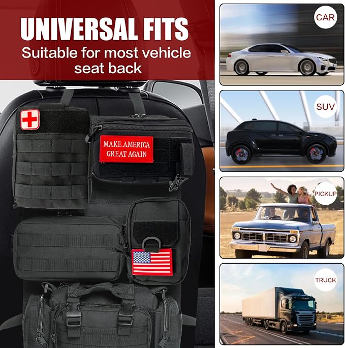 Tactical Car Seat Back Organizer,Tactical Molle Seat Back Organizer with 5 Detachable Molle Pouch,Velcro Label Can Be Removed,Universal Fits for Car Truck Jeep Vehicle - Image 8