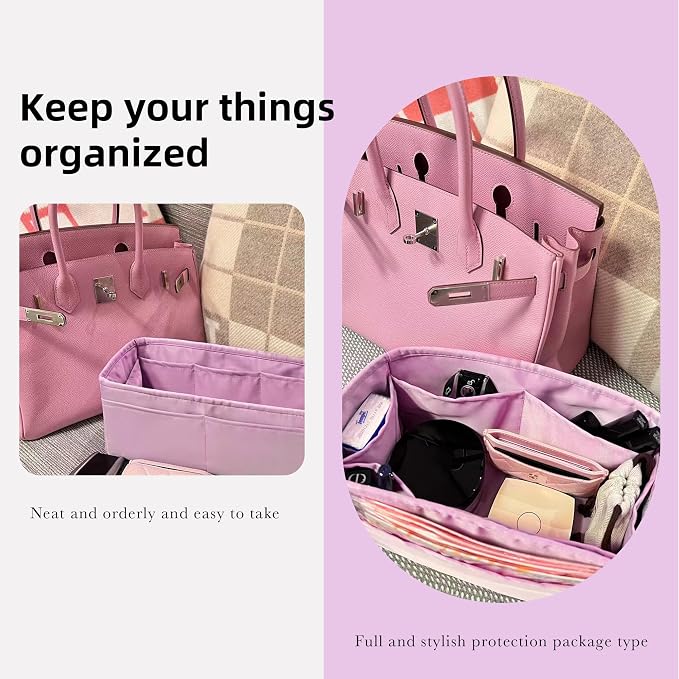DGAZ Silk Purse Organizer Insert for Birkin Bag(Mauve Sylvestre,BK35) | Soft and Lightweight,Perfect Fit,Multi-pocket Storage,Bag Protector,Luxury Bag Care,Handmade,for Smooth Bag Organizer - Image 8