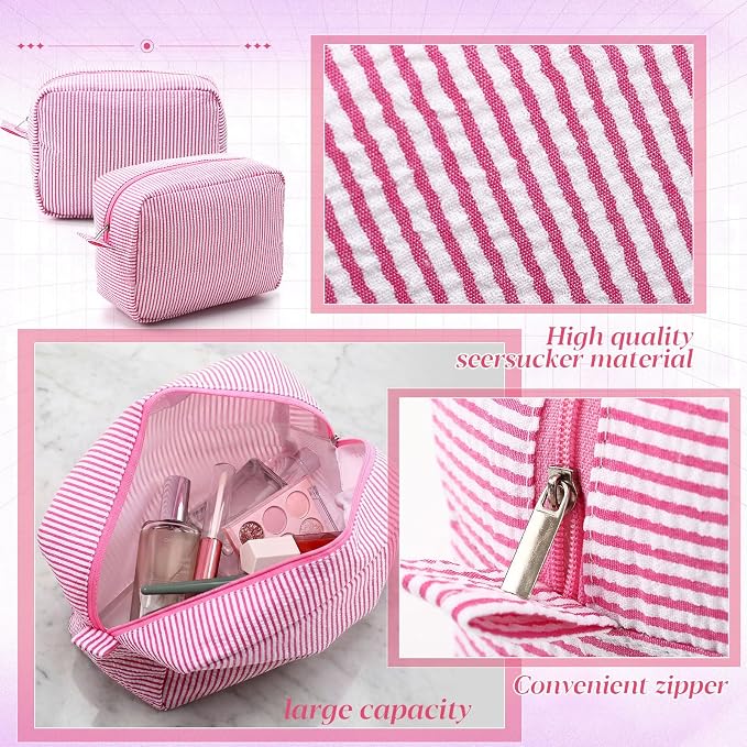Sanwuta 9 Seersucker Cosmetic Bag Bulk Striped Makeup Bag for Women Aesthetic Cute Travel Toiletry Organizer Preppy Storage Pouch for Wedding Bridesmaid Mother's Day Teacher Gift (Large,Pink) - Image 7