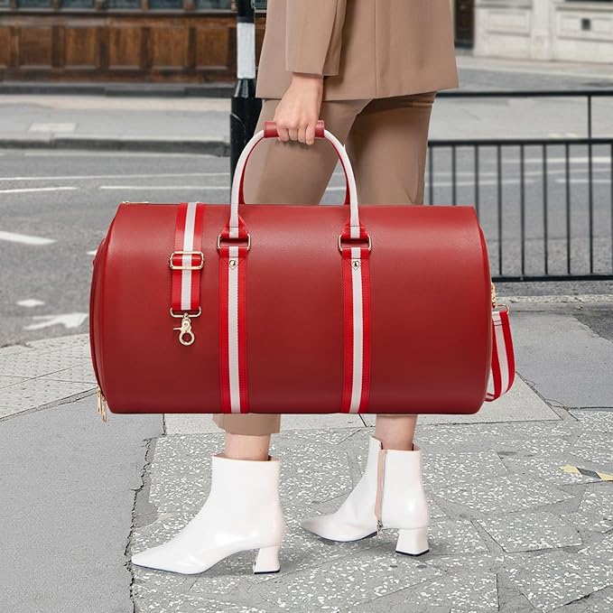 Leather Garment Bags for Travel, Convertible Carry on Garment Duffel Bag for Women, 2 in 1 Waterproof Foldable Travel Suit Bag with Shoulder Strap Weekender Bag with Shoe Pouch, Red - Image 6