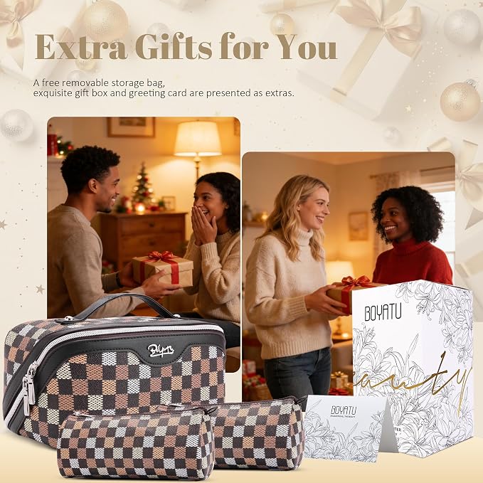 BOYATU Travel Makeup Bag Organizer Cosmetic Bag: 3 Pcs Set Make up Bags for Women with Handle - Waterproof Vegan Leather Toiletry Bag (01-H-Coffee) - Image 4
