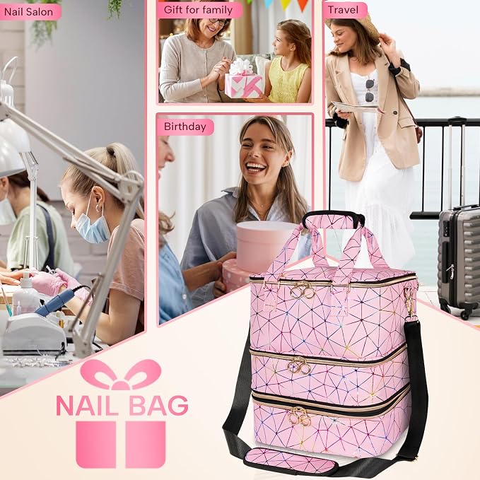 Nail Polish Organizer Bag Holds 84 Bottles & Nail Lamp, 3 Layers Nail Kit Storage Carrying Case Pu Leather, Large Nail Supplies Organizer With Shoulder Strap, Portable Travel Nail Bag,Pink - Image 7