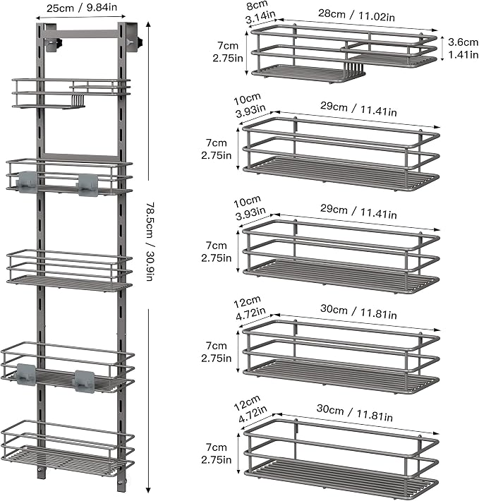 Orimade Over The Door Shower Caddy Adjustable 5 Tier Dark Grey,Bathroom Hanging Organizer Shelf Rustproof with 4 Hooks,Shower Basket with Soap Holder and Suction Cup - Image 8