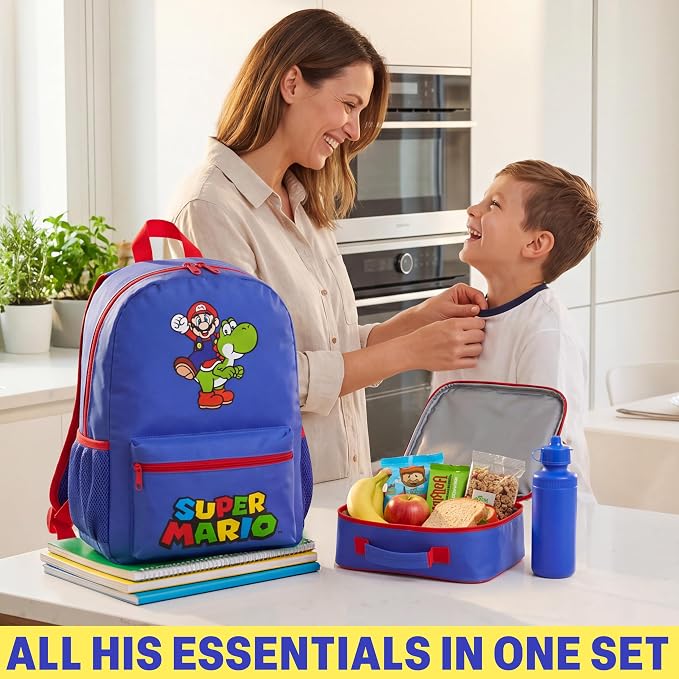 Get Trend Super Mario Boys Backpack 4 Piece Set | 18 In Bookbag with Insulated Lunch Bag, Pencil Case & BPA-Free Water Bottle, Adjustable Padded Straps, Gamer Gifts for Boys - Image 6
